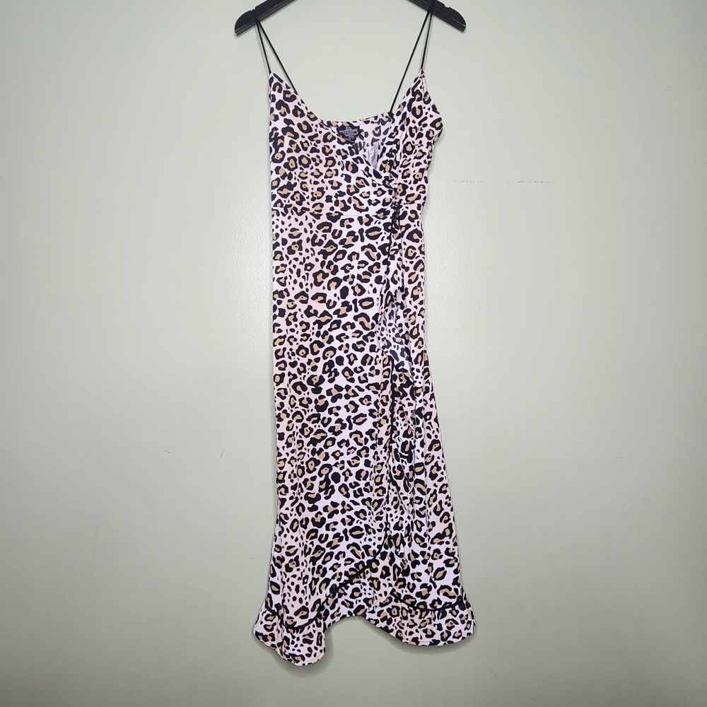 Angie Animal Print Slip Dress Black Tan  Boho Feminine Spaghetti Straps M VNeck